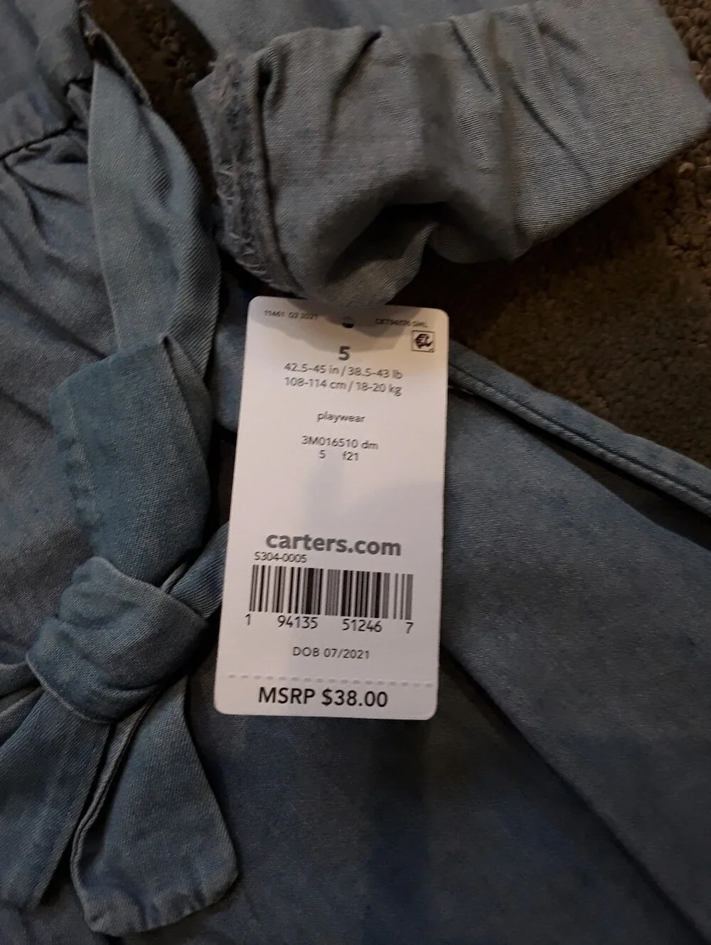 Carters Size 5 Blue Chambray (Soft Denim) Shirt Dress with Waist tie